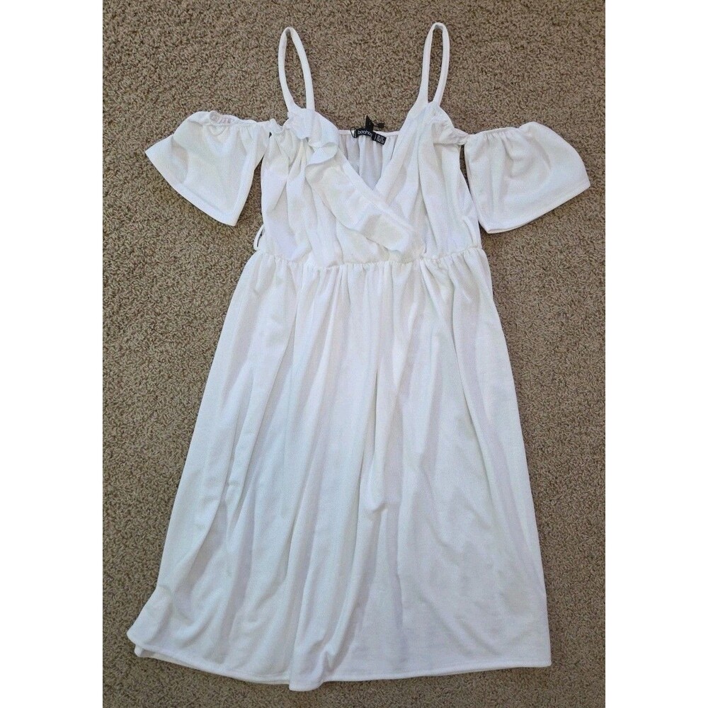 NWT Boohoo | Size 24 | Plus Plunge Ruffle Belt Midi Dress Ivory, Belt Missing